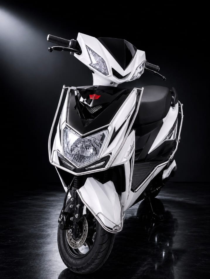 EZ Non-RTO Top Model electric scooter in pearl white with crash guard