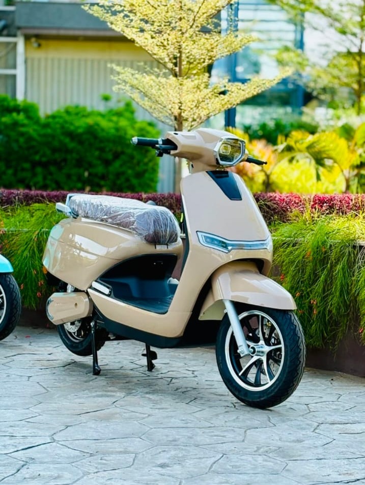 DLX Gold RTO electric scooter in champagne gold, rear three-quarter view