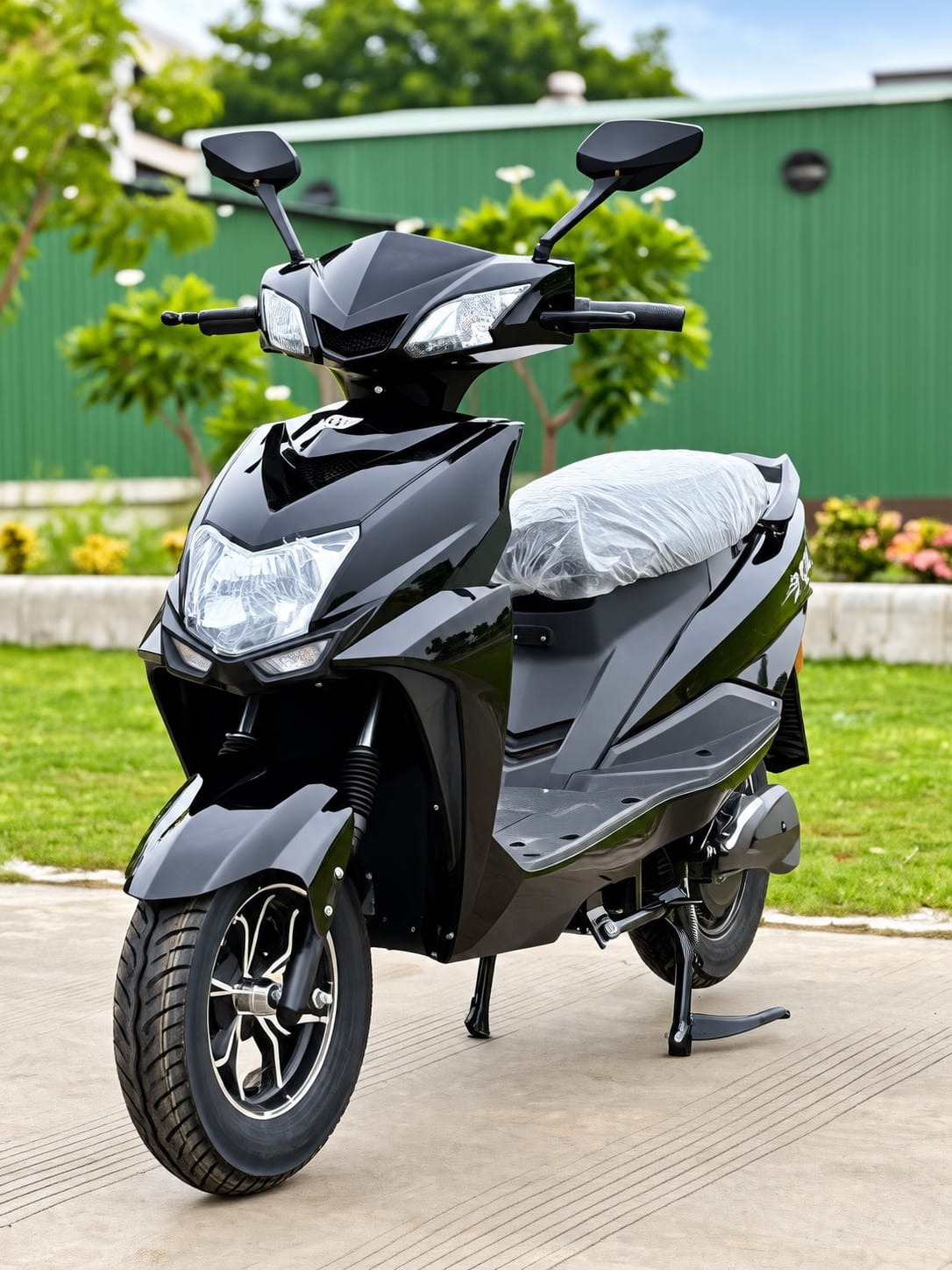 EZ Non-RTO Top Model electric scooter in gloss black, front three-quarter view